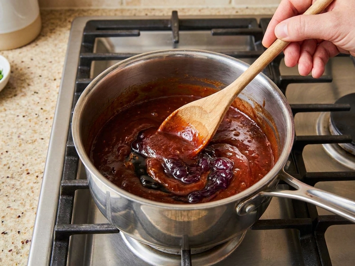 BBQ sauce, grape jelly, Worcestershire, and vinegar being stirred together in a small saucepan on a stovetop