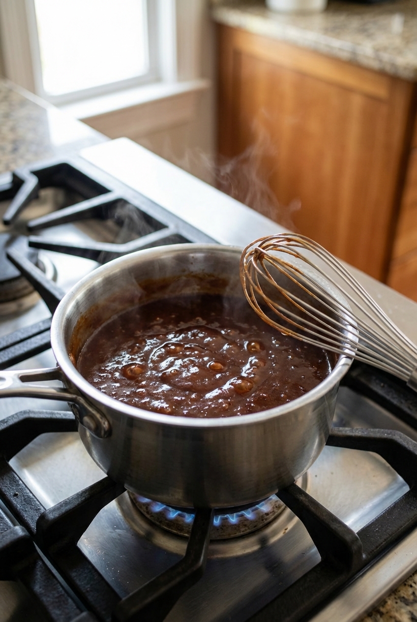 BBQ sauce simmering in a small saucepan on a stovetop with a whisk resting on the rim