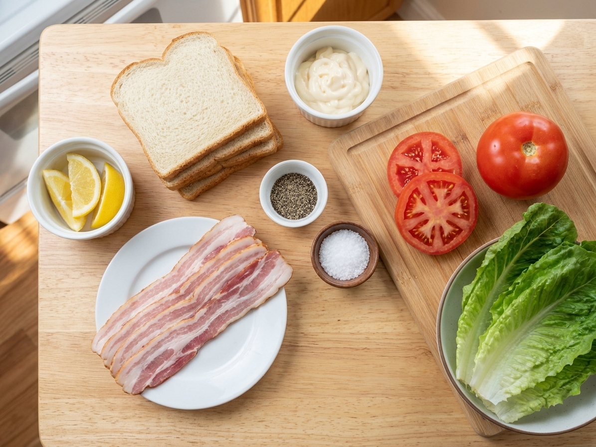 BLT ingredients arranged on a kitchen counter: sliced bread, raw bacon, ripe tomatoes, romaine lettuce, mayonnaise, lemon, black pepper, and kosher salt in small bowls, overhead view in warm daylight