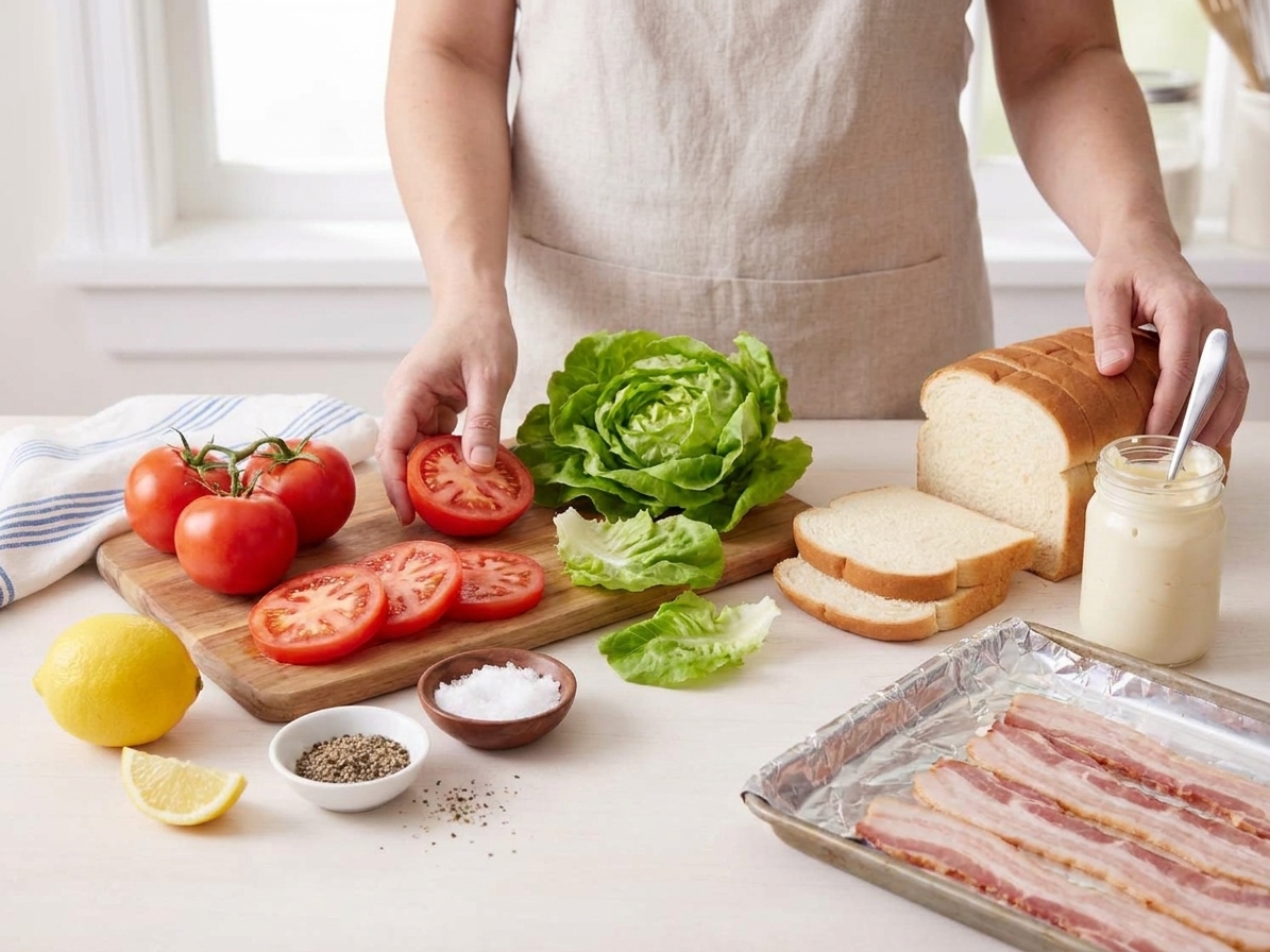 BLT ingredients set out on a kitchen counter, including bacon, tomatoes, lettuce, bread, mayonnaise, lemon, salt, and black pepper