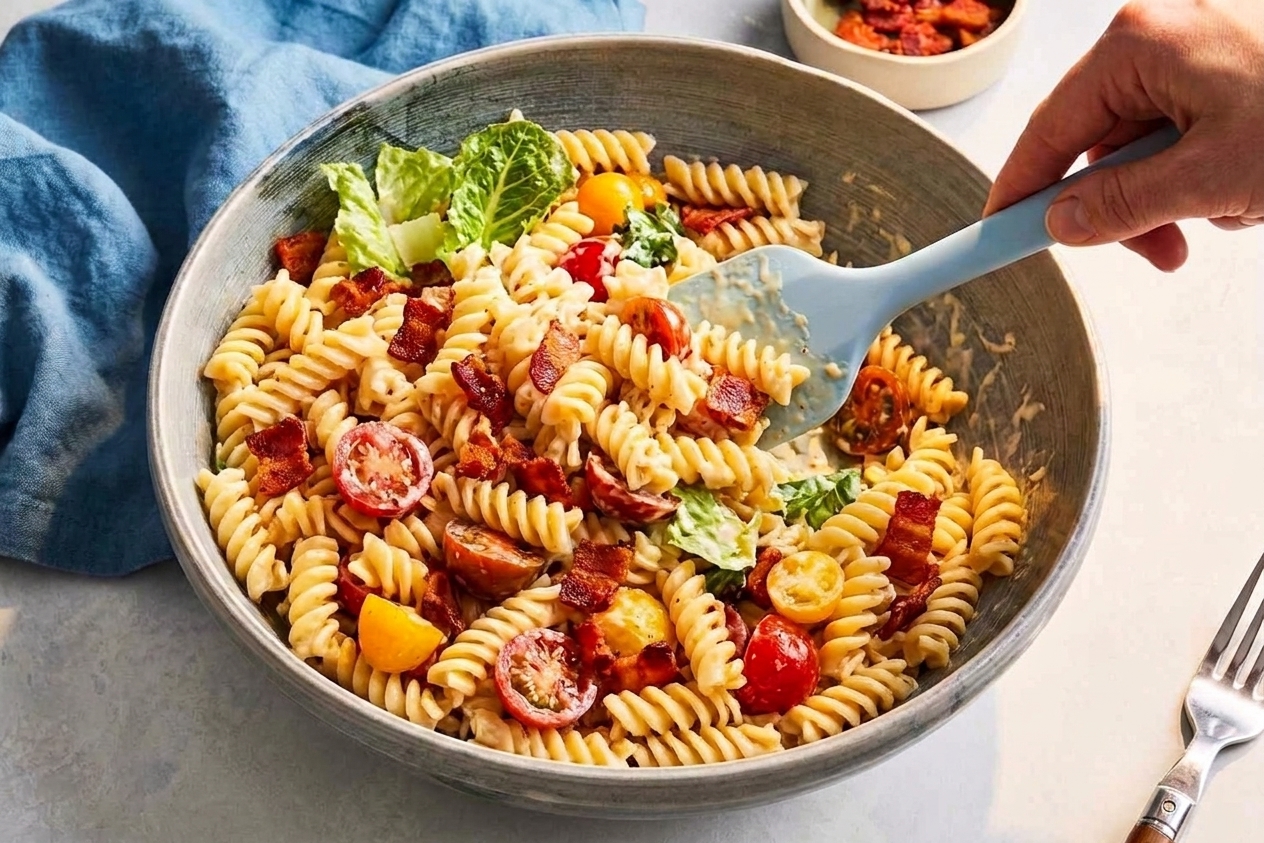 BLT pasta salad served in a wide bowl on a dining table with extra bacon sprinkled on top and a serving spoon beside it