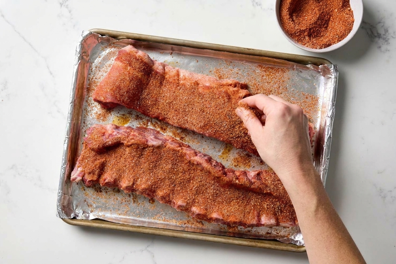 Baby back ribs on a foil-lined sheet pan being covered with a spice rub on a kitchen counter