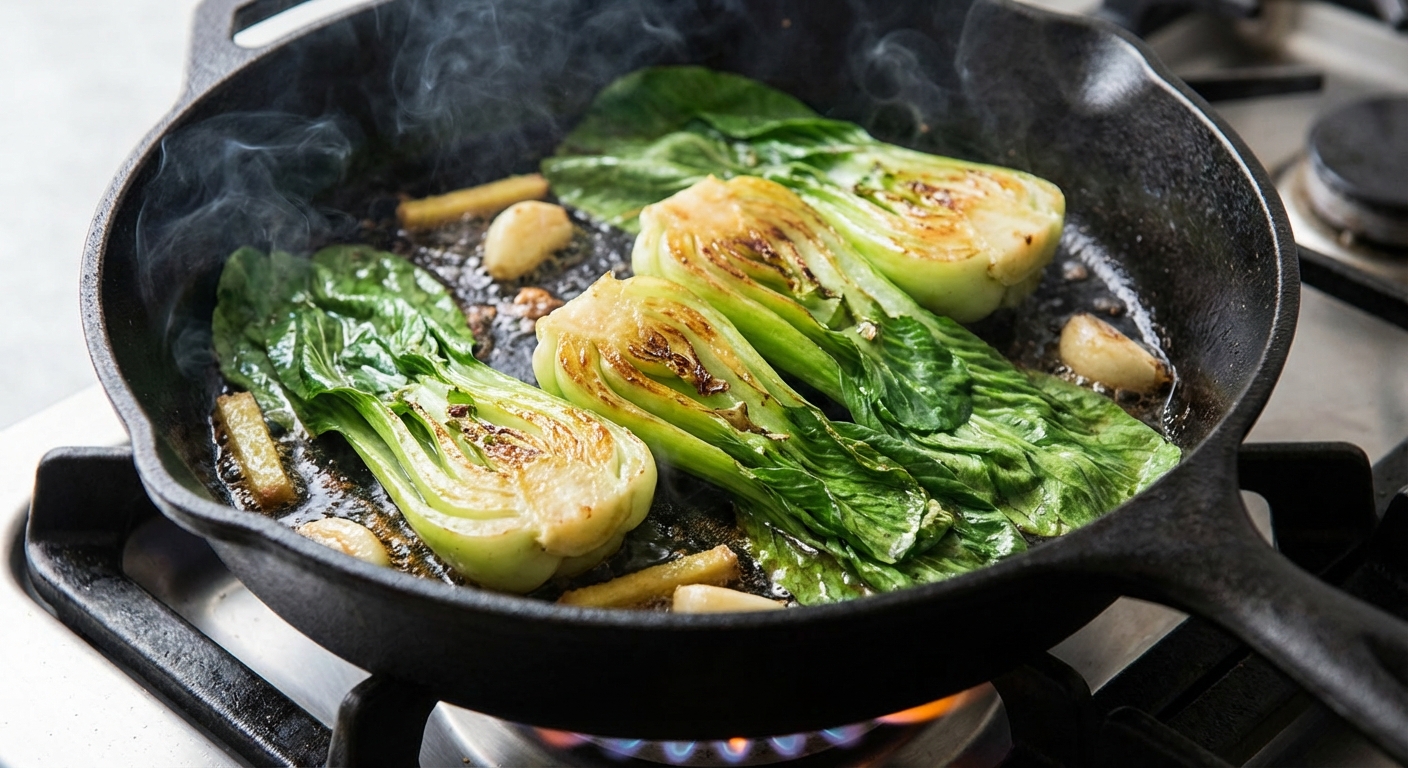 Baby bok choy searing cut-side down in a hot skillet with light browning on the stems
