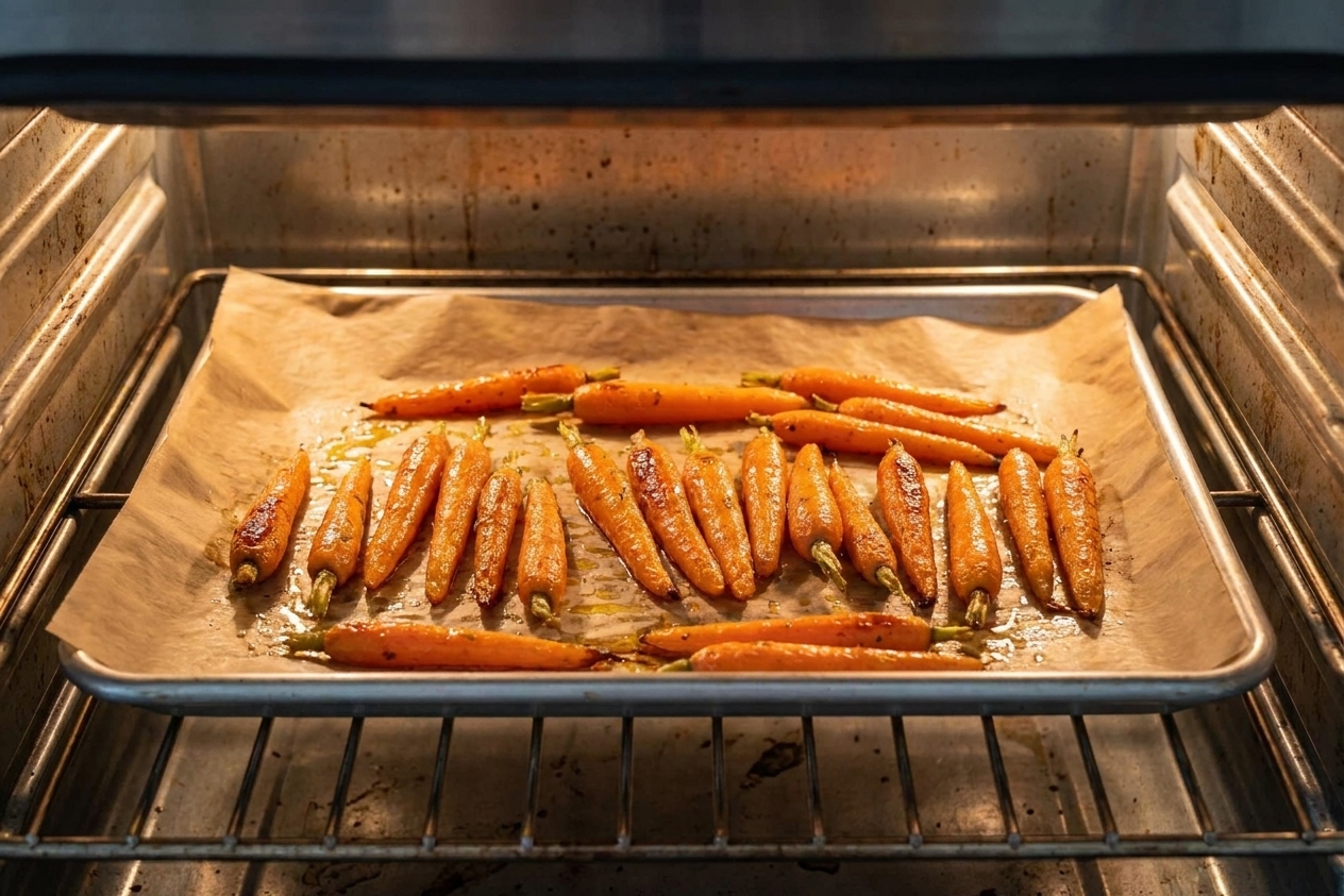 Baby carrots spread in a single layer on a parchment-lined rimmed baking sheet, lightly browned and glistening with oil, sitting on an oven rack