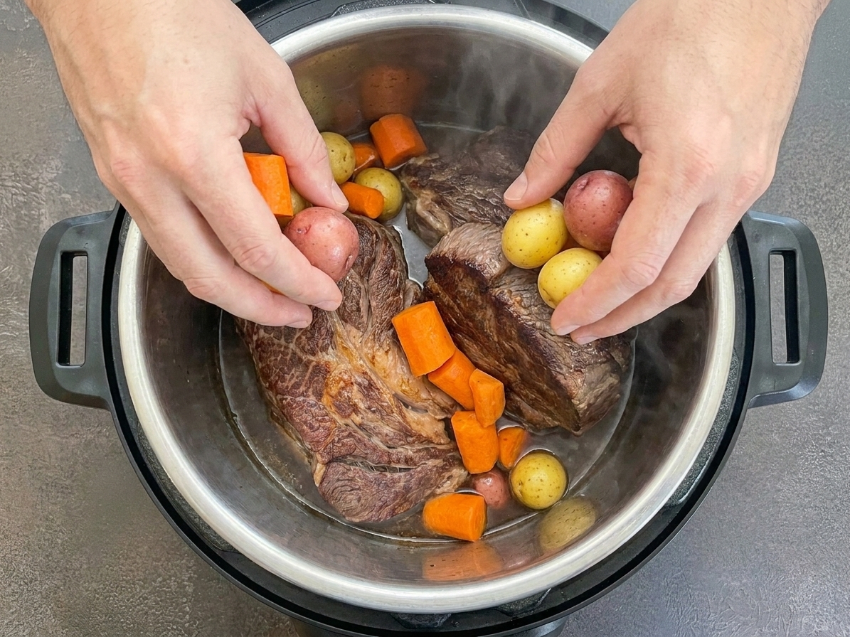 Baby potatoes and carrot chunks being added around a cooked chuck roast inside an Instant Pot