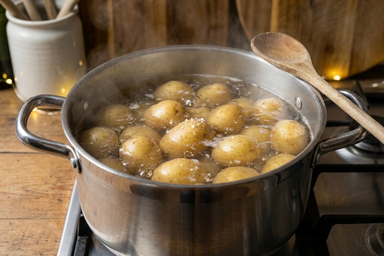 Baby potatoes boiling in a large pot of salted water on a stovetop with gentle steam rising