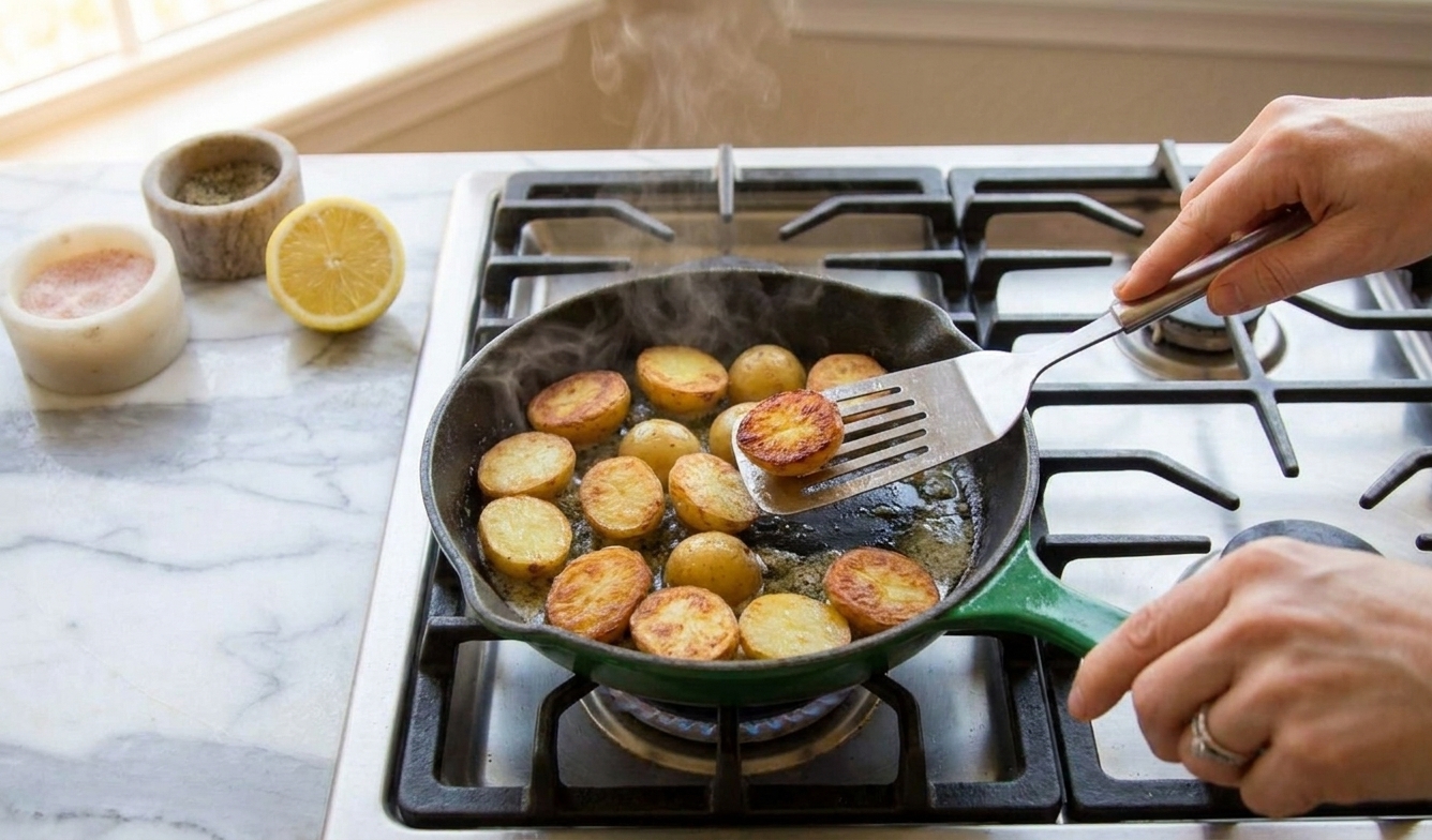 Baby potatoes browning cut-side down in a cast iron skillet on a stovetop with light steam