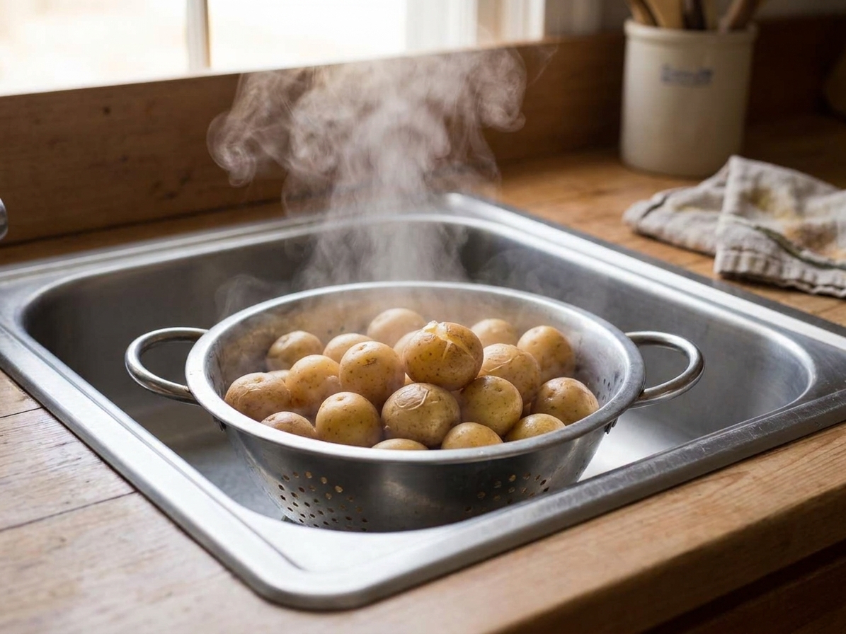 Baby potatoes draining in a colander in a kitchen sink with steam rising