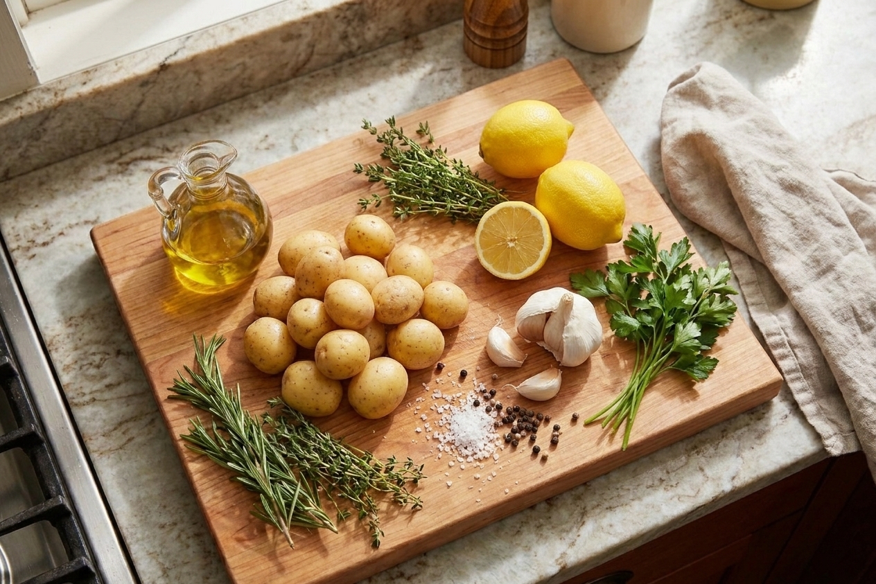 Baby potatoes, olive oil, lemons, garlic, and fresh herbs arranged on a wooden cutting board on a bright kitchen counter