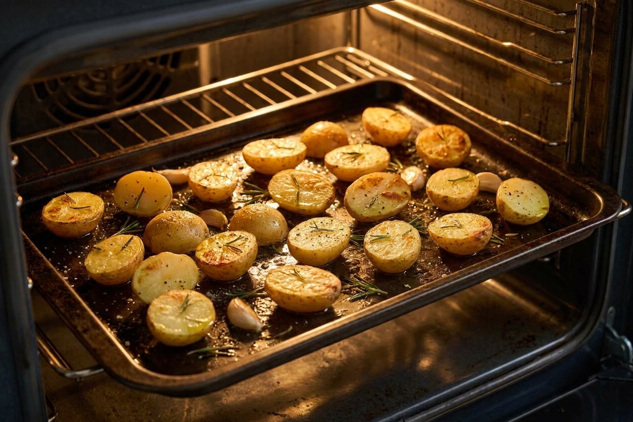 Baby potatoes roasting on a rimmed sheet pan in an oven with golden edges starting to form