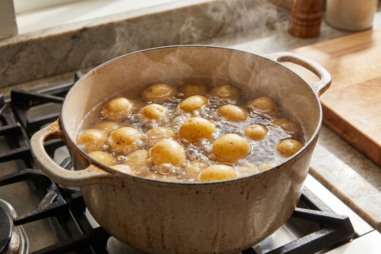 Baby potatoes simmering in a large pot of salted water on a stovetop with steam rising