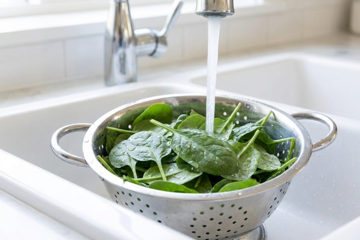 Baby spinach being rinsed in a colander in a bright kitchen sink