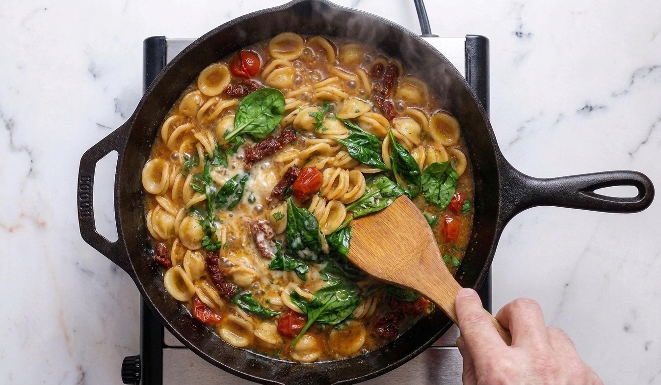 Baby spinach being stirred into a creamy pasta skillet as it wilts, with Parmesan melting into the sauce