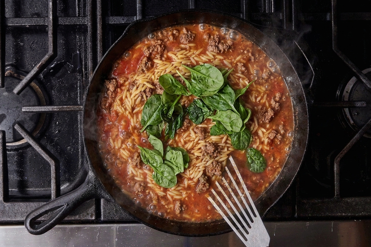 Baby spinach being stirred into a skillet of cooked orzo and ground beef as it wilts into the sauce