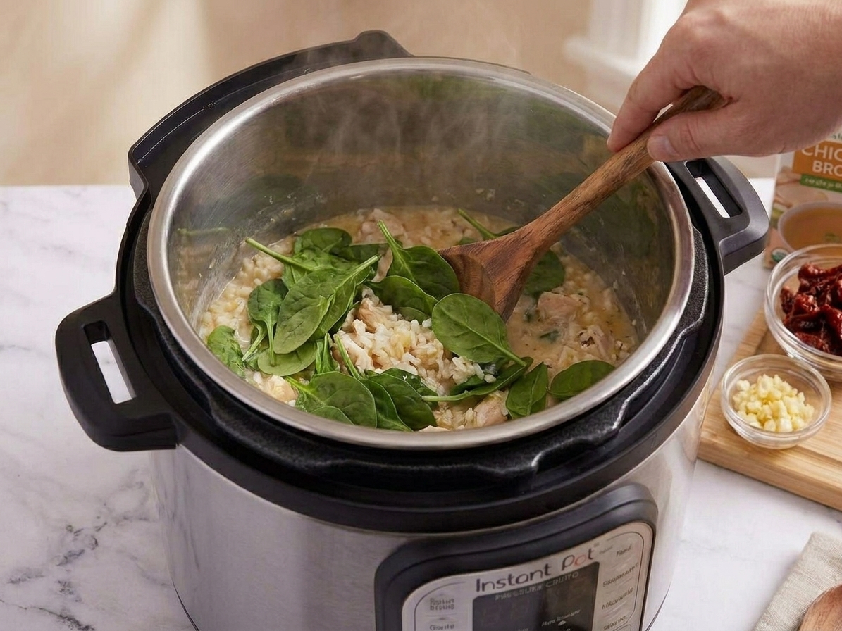 Baby spinach being stirred into hot chicken and rice inside an electric pressure cooker insert