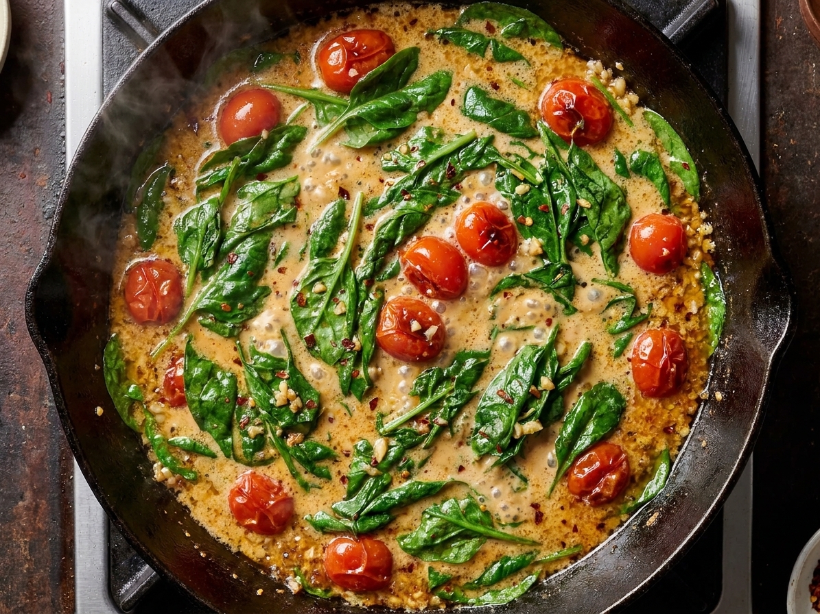 Baby spinach wilting into a creamy sauce with cherry tomatoes in a skillet