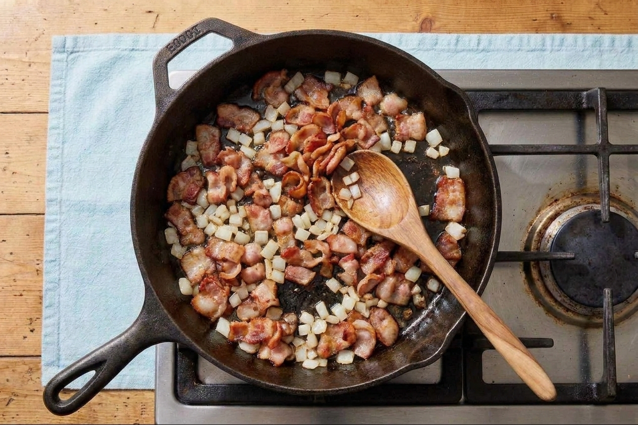 Bacon and diced onions sautéing in a skillet on a stovetop, with the bacon beginning to crisp and the onions turning translucent