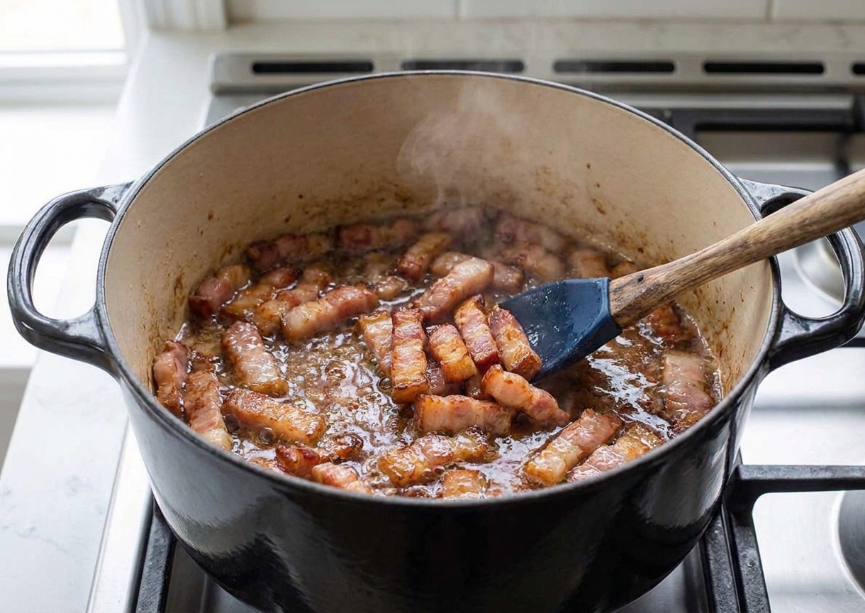 Bacon lardons browning in a Dutch oven with rendered fat pooling at the bottom