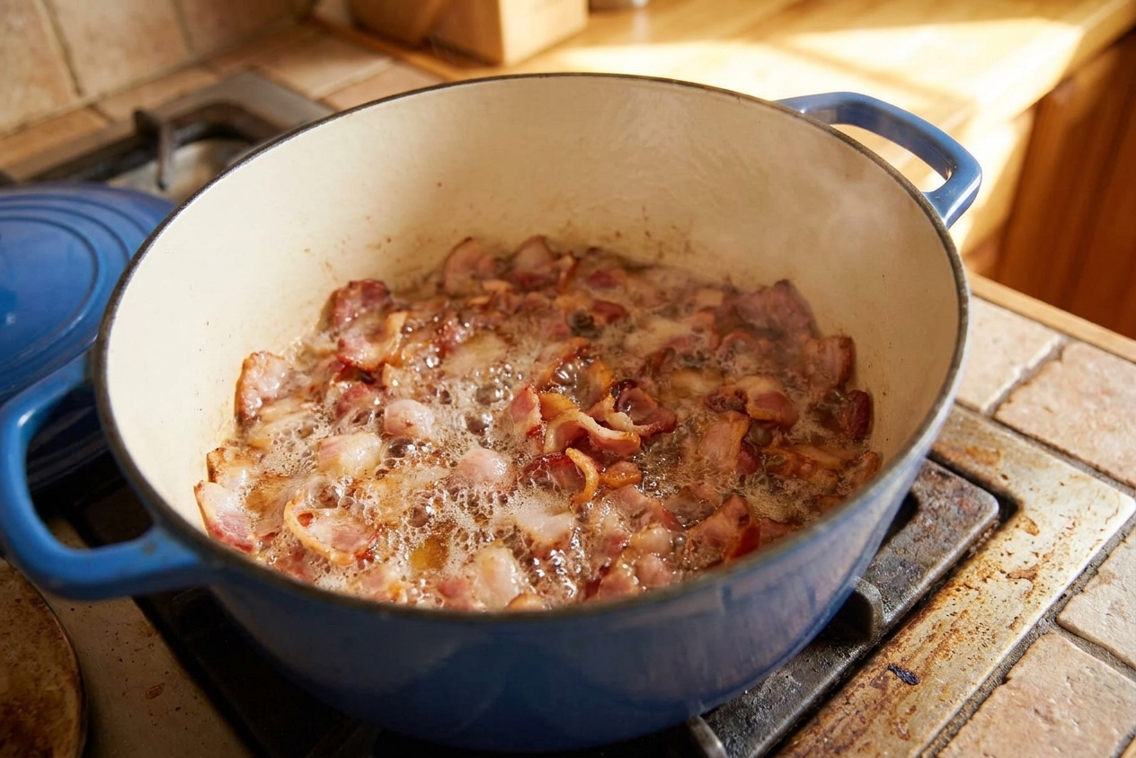 Bacon pieces rendering in a Dutch oven with bubbling fat, photographed on a stovetop in warm kitchen lighting