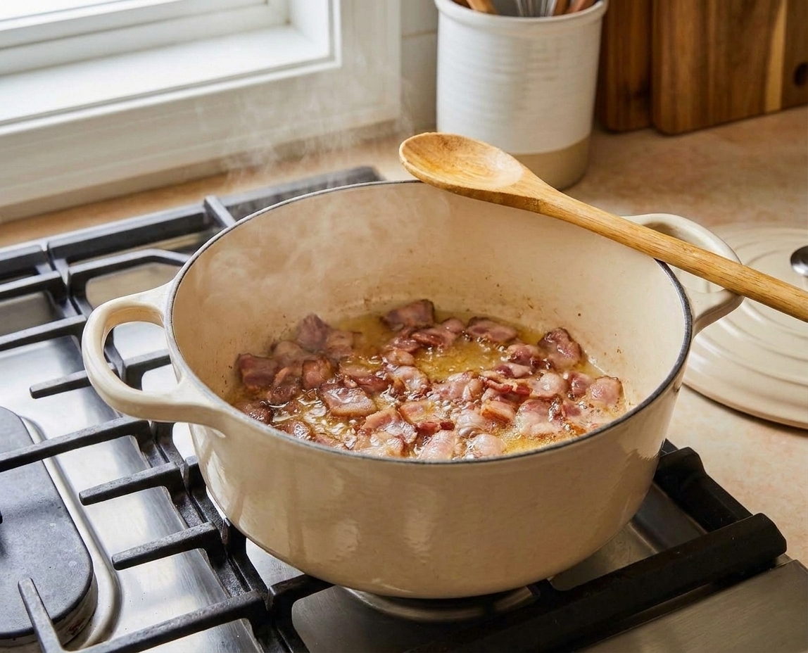 Bacon pieces sizzling and rendering fat in a Dutch oven on a stovetop