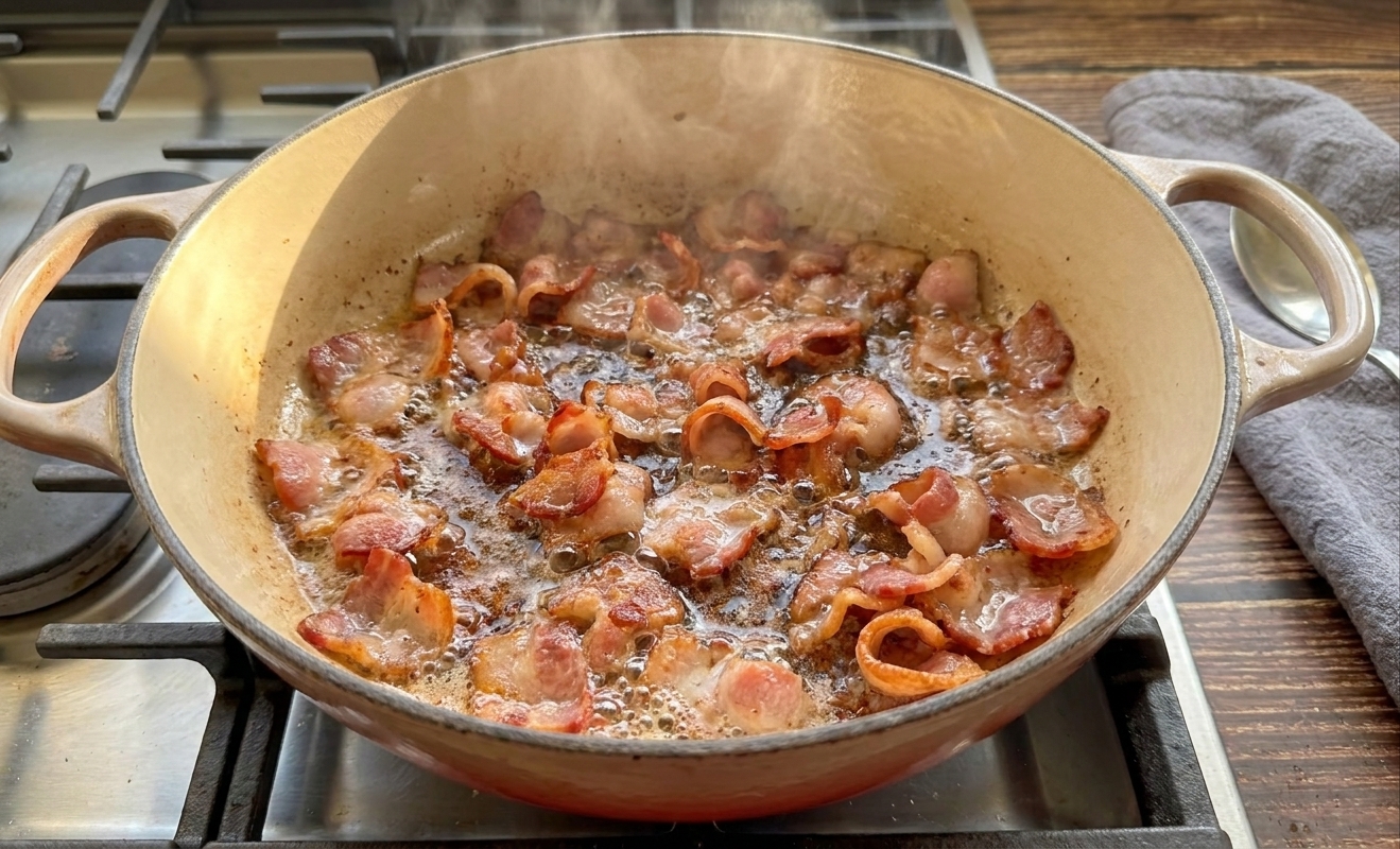 Bacon pieces sizzling and turning crisp in a Dutch oven on a stovetop, warm kitchen lighting