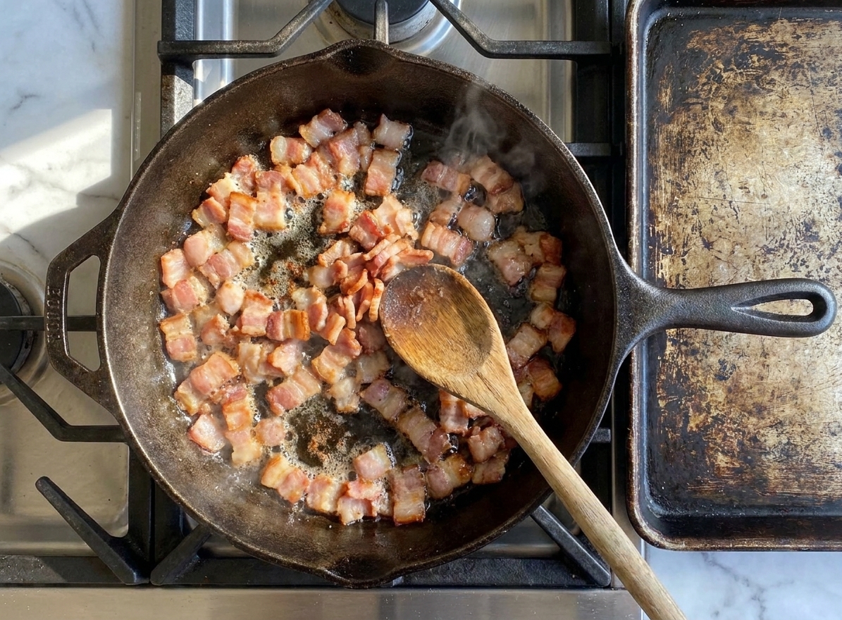 Bacon pieces sizzling and turning crisp in a cast iron skillet on a stovetop, with a wooden spoon resting nearby