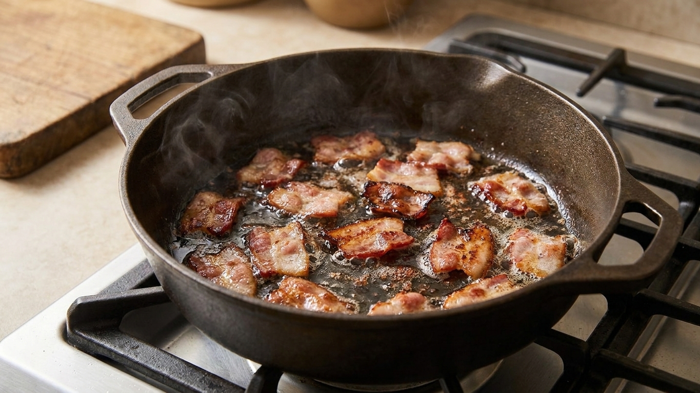 Bacon pieces sizzling in a Dutch oven on a stovetop, starting to brown and render fat