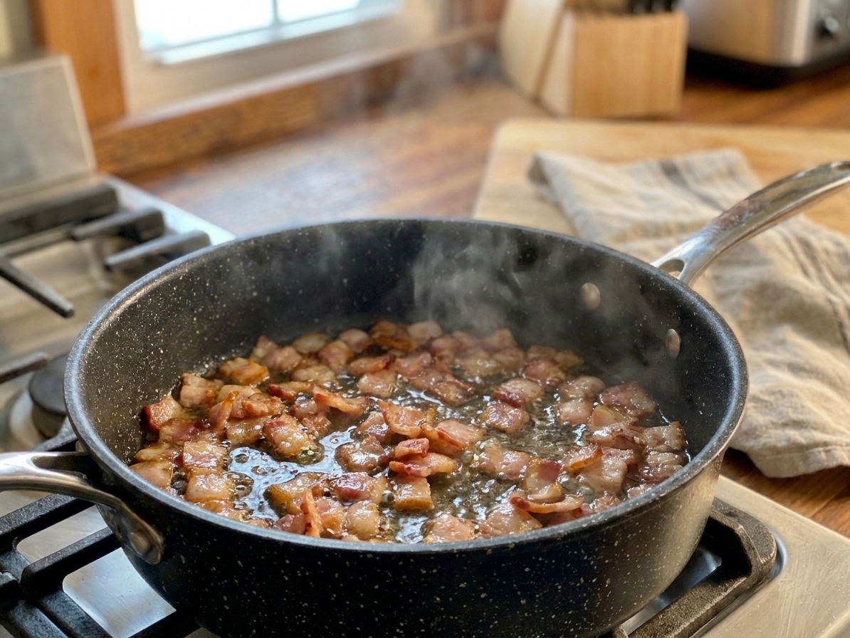 Bacon pieces sizzling in a Dutch oven on a stovetop with rendered fat pooling at the bottom