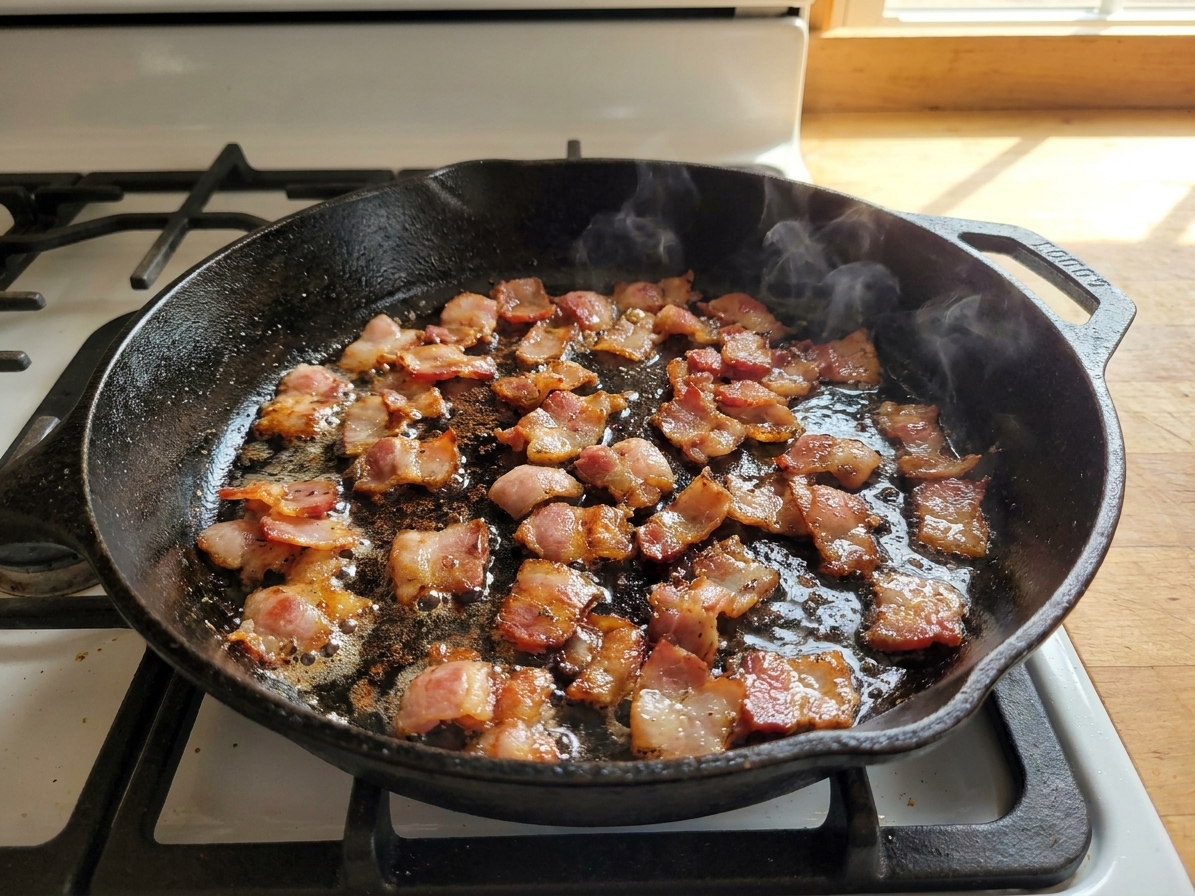 Bacon pieces sizzling in a black skillet on a stovetop as they brown and crisp