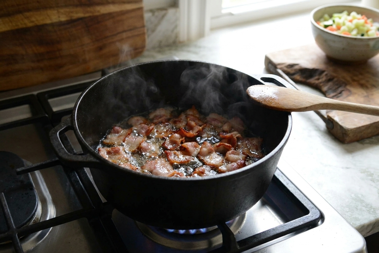Bacon pieces sizzling in a heavy soup pot on a stovetop