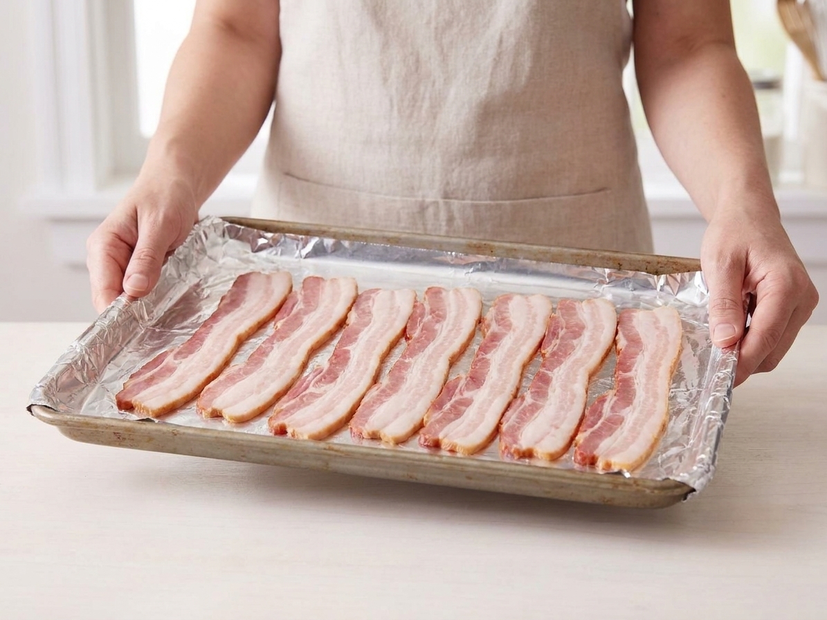 Bacon slices laid out on a foil-lined sheet pan, ready to go into the oven