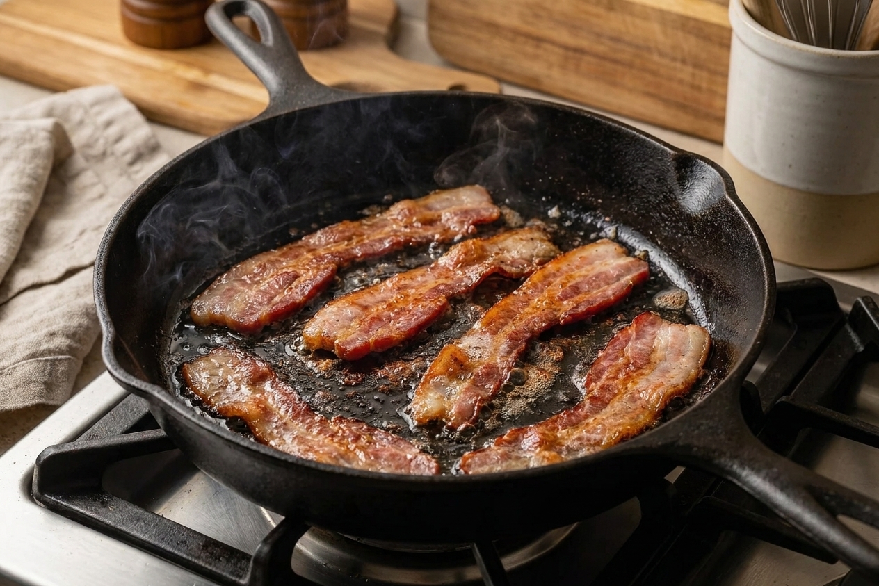 Bacon slices sizzling in a black skillet on a stovetop with rendered fat bubbling, warm kitchen lighting
