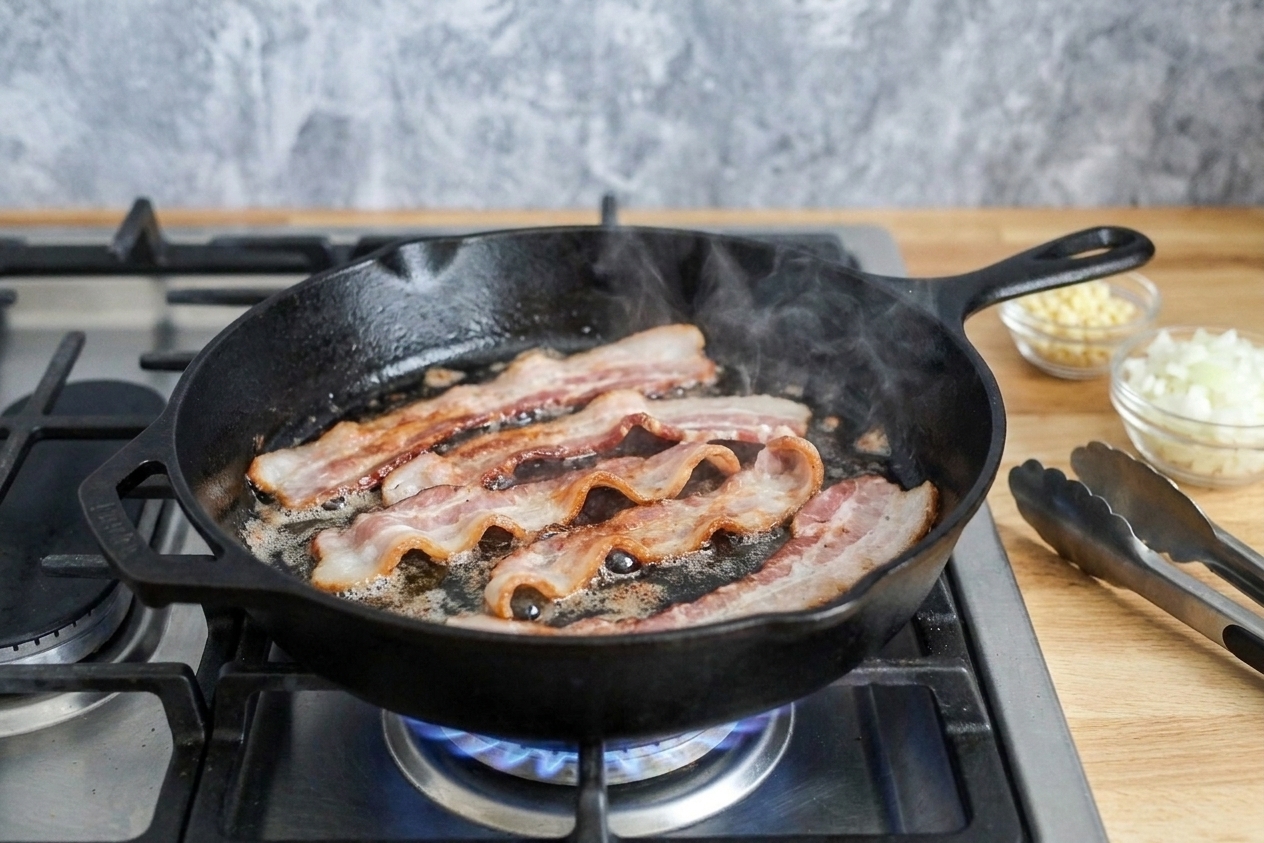 Bacon strips sizzling in a cast iron skillet on a stovetop