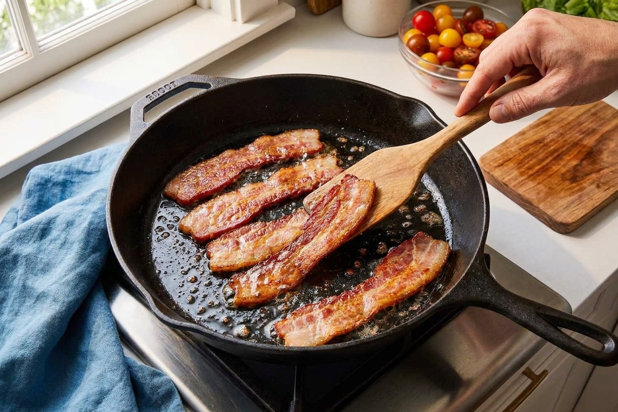 Bacon strips sizzling in a skillet with crisping edges and rendered fat pooling in the pan