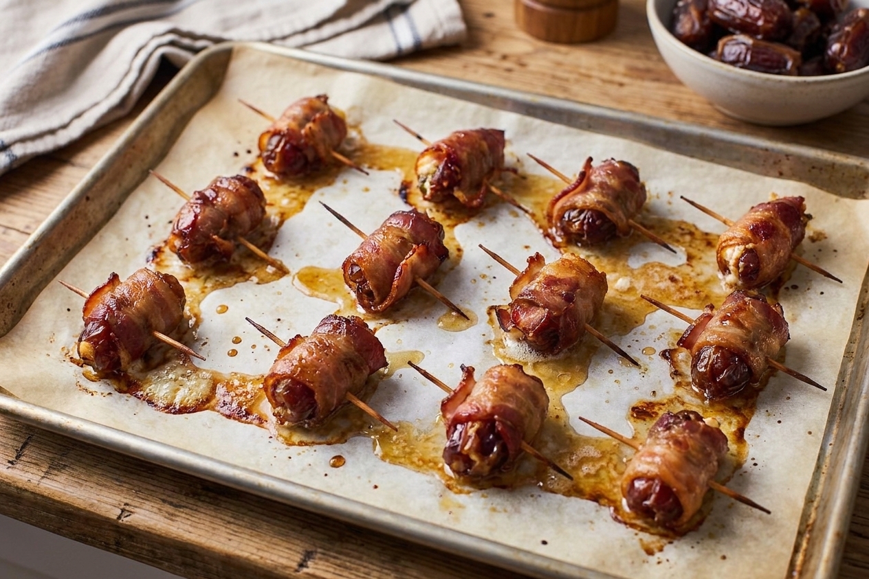 Bacon wrapped dates arranged on a parchment-lined baking sheet just out of the oven with rendered bacon fat and crisped edges