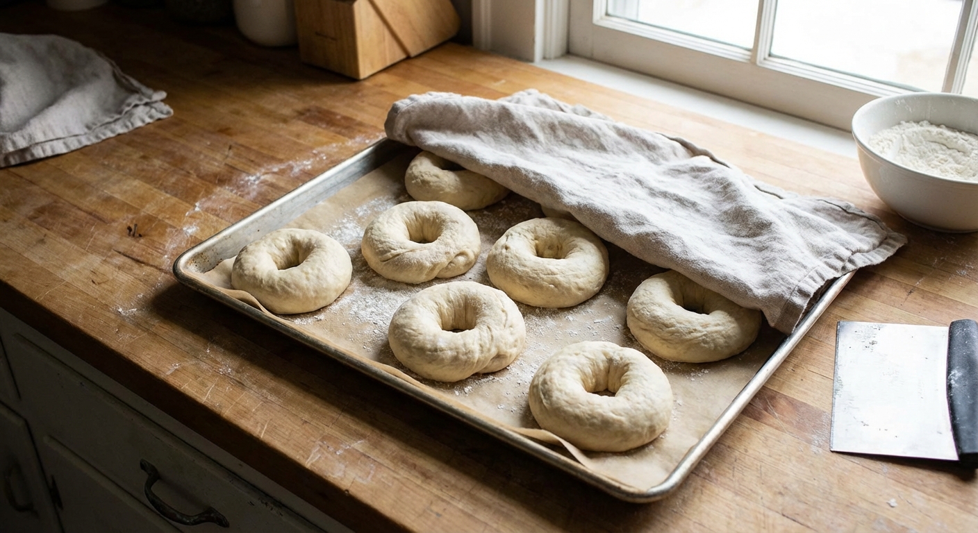 Bagel dough shaped into rings on a parchment-lined baking sheet, ready to rise