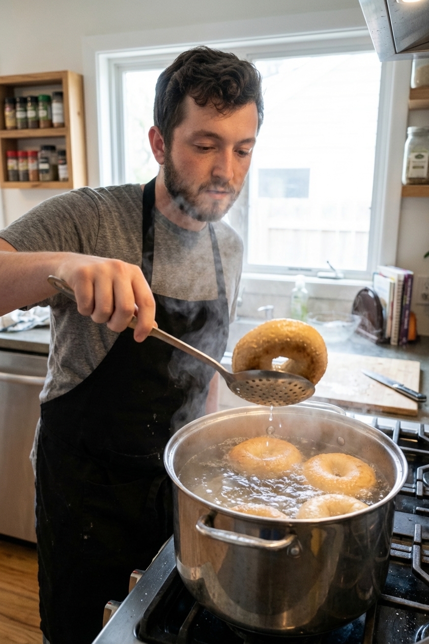 Bagels boiling in a large pot of water on a stovetop with a slotted spoon lifting one bagel out, realistic kitchen action photo