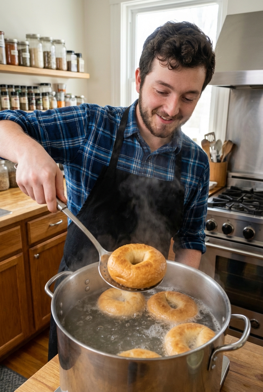 Bagels boiling in a large pot of water with a slotted spoon lifting one bagel to the surface