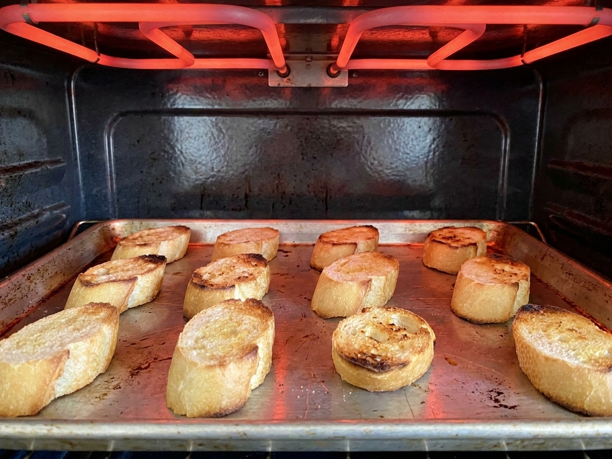 Baguette slices toasting on a sheet pan in an oven under the broiler with edges turning golden brown