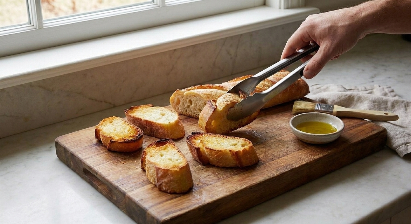 Baguette slices toasting until golden at the edges