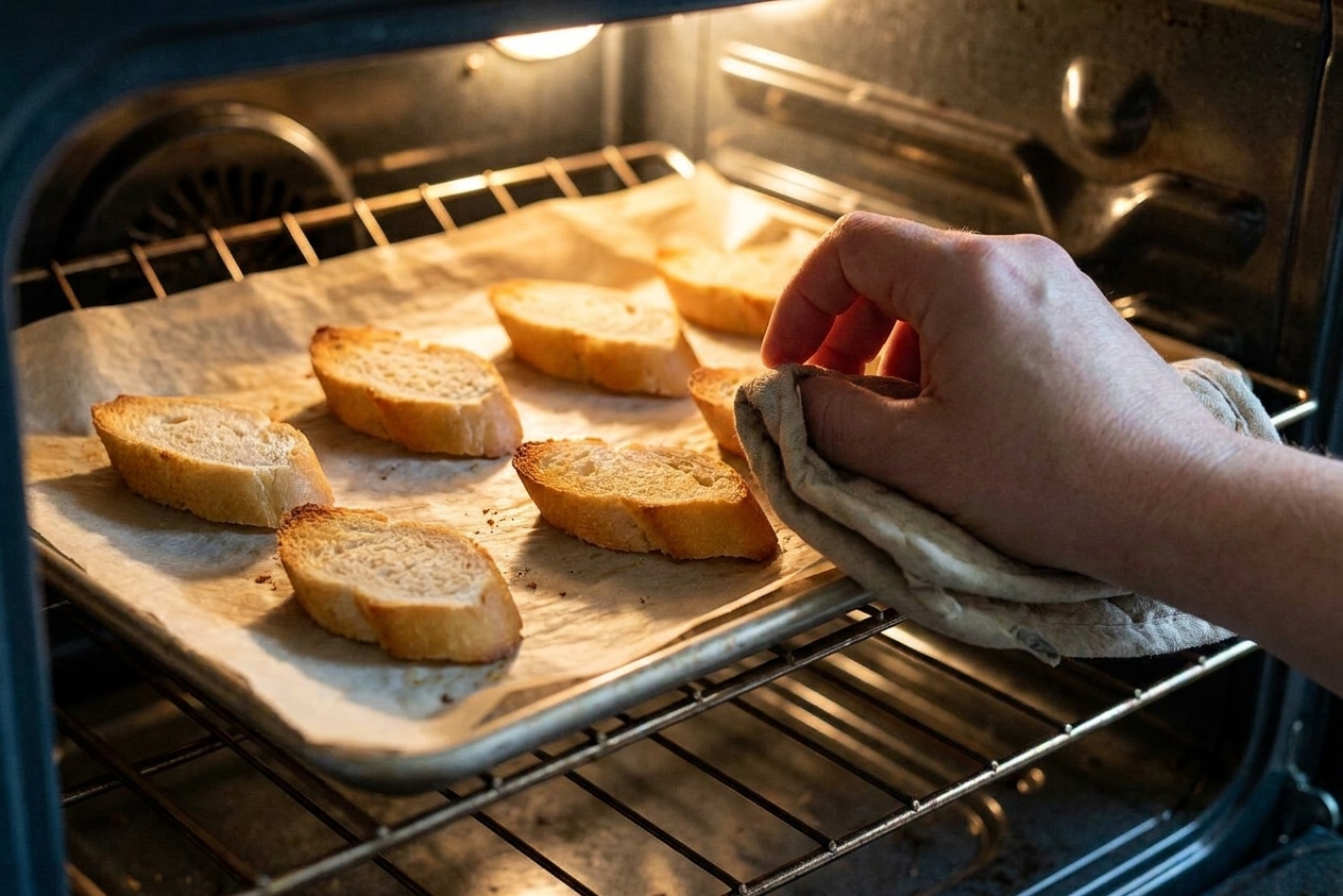 Baguette slices turning golden on a parchment lined baking sheet inside a home oven with warm light