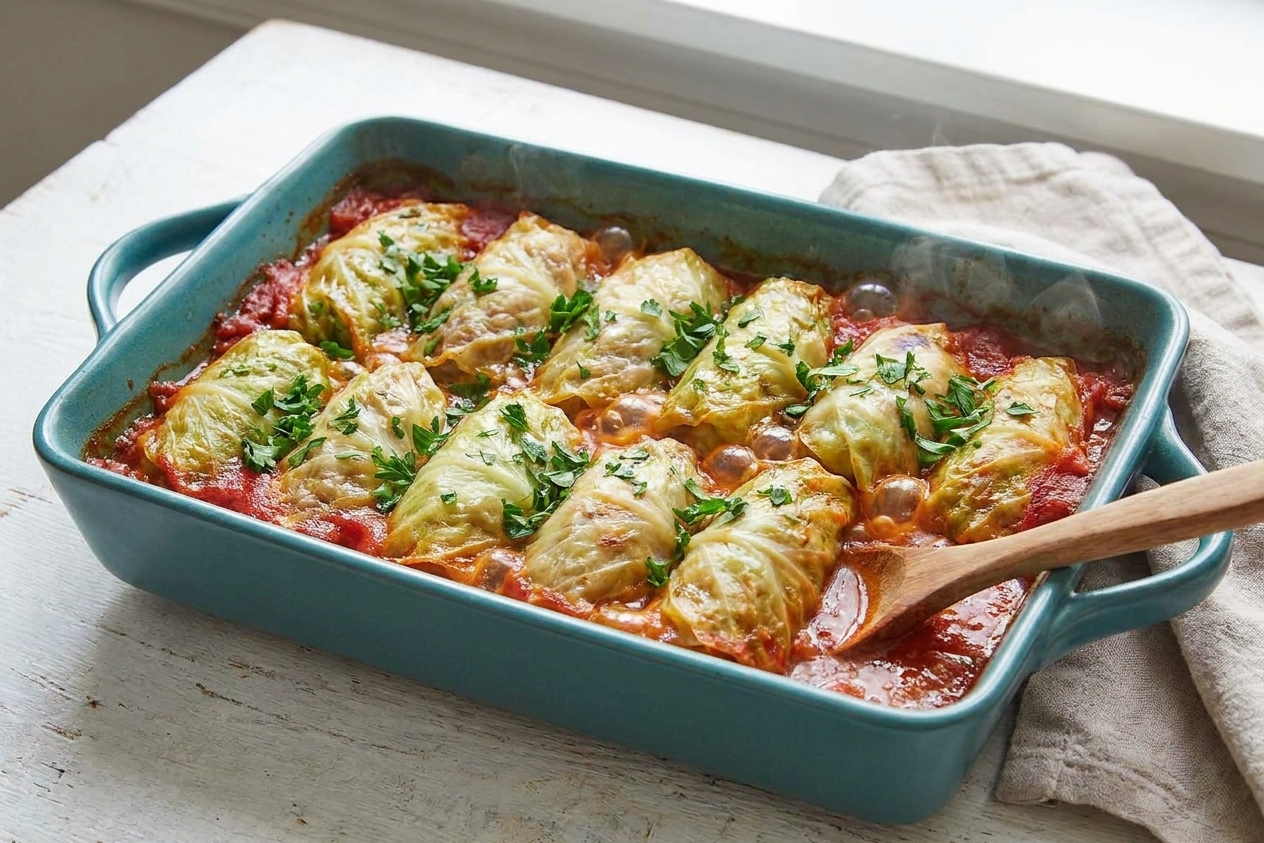 Baked Polish stuffed cabbage rolls in a casserole dish with tomato sauce bubbling around the edges, fresh herbs scattered on top