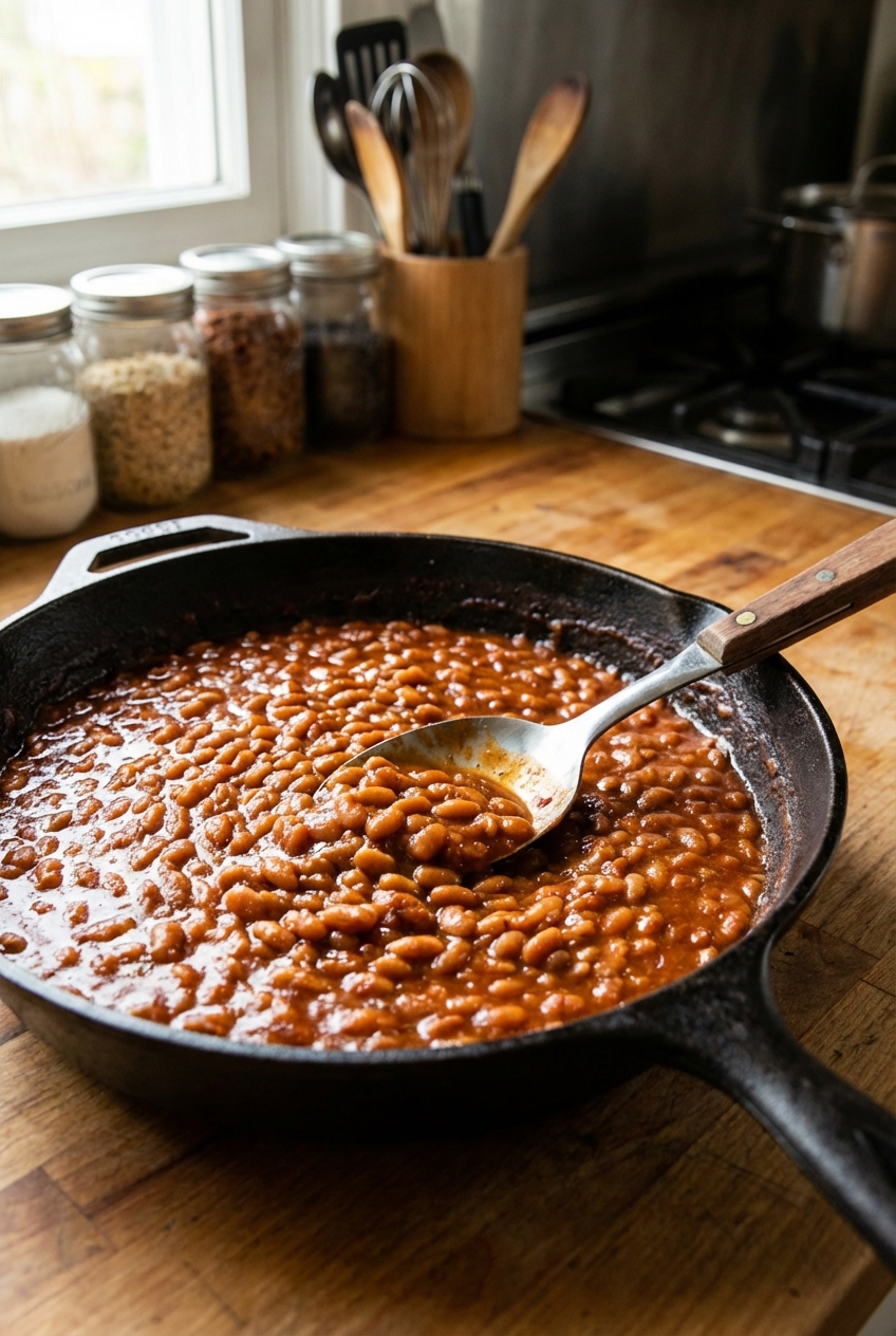 Baked beans in a cast iron skillet with a spoon