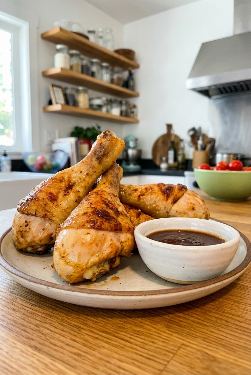 Baked chicken drumsticks served on a plate with a small bowl of dipping sauce