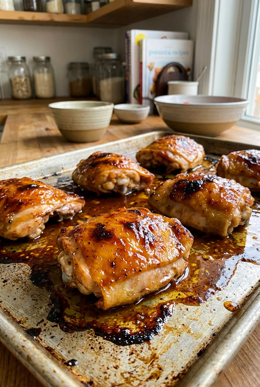Baked chicken thighs resting on a pan with glossy glaze and pan juices