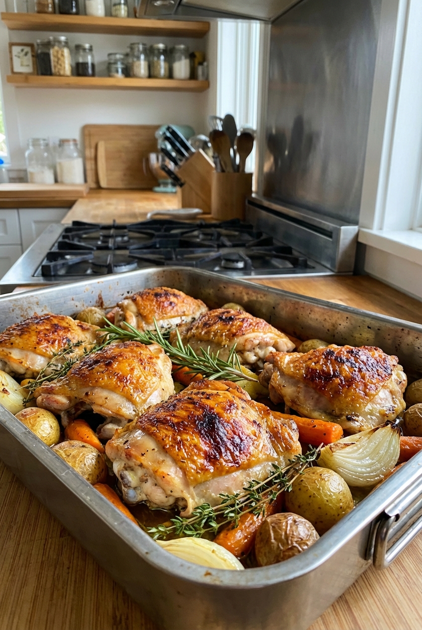 Baked chicken thighs with crispy skin in a roasting pan