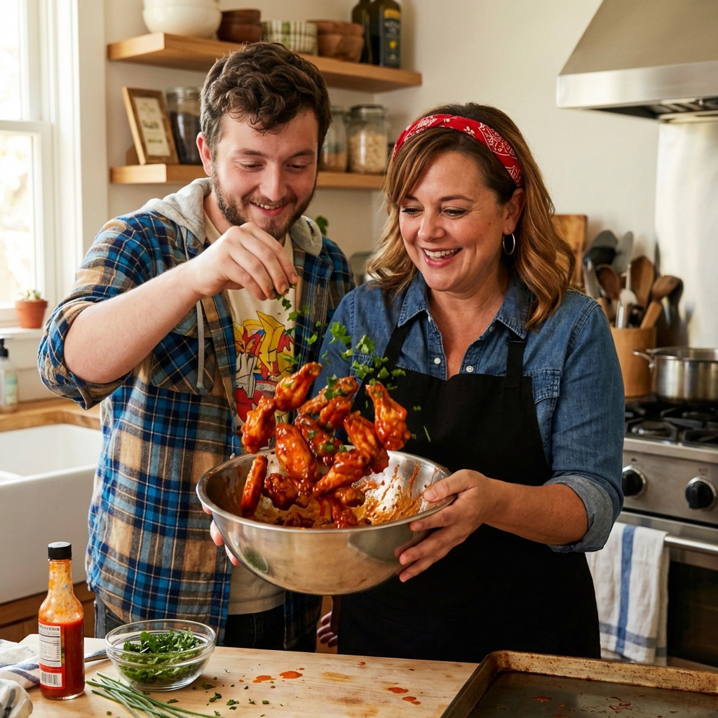 Baked chicken wings being tossed in a stainless steel mixing bowl with buffalo sauce and chopped herbs