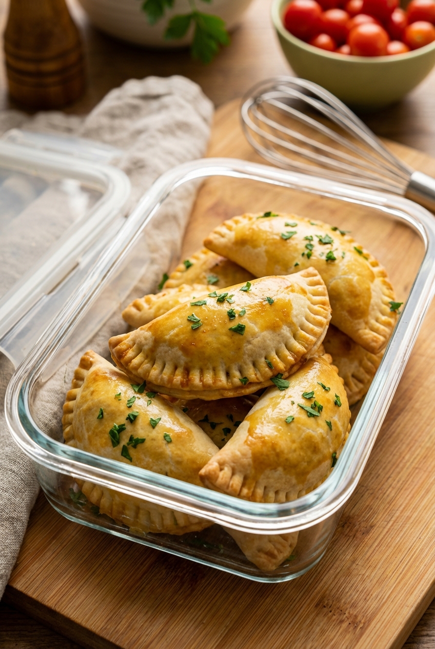 Baked empanadas stored in a glass meal prep container