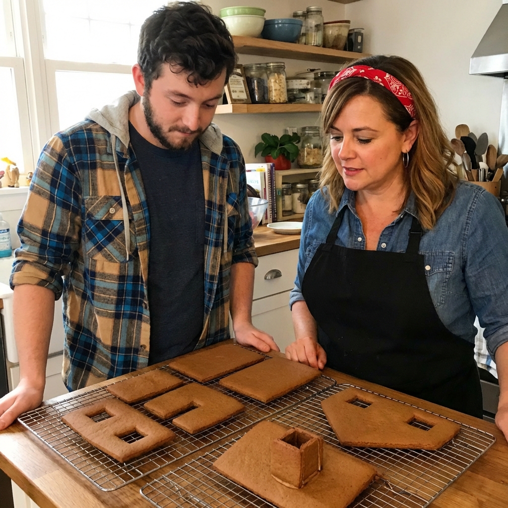 Baked gingerbread house panels cooling on wire racks with crisp edges
