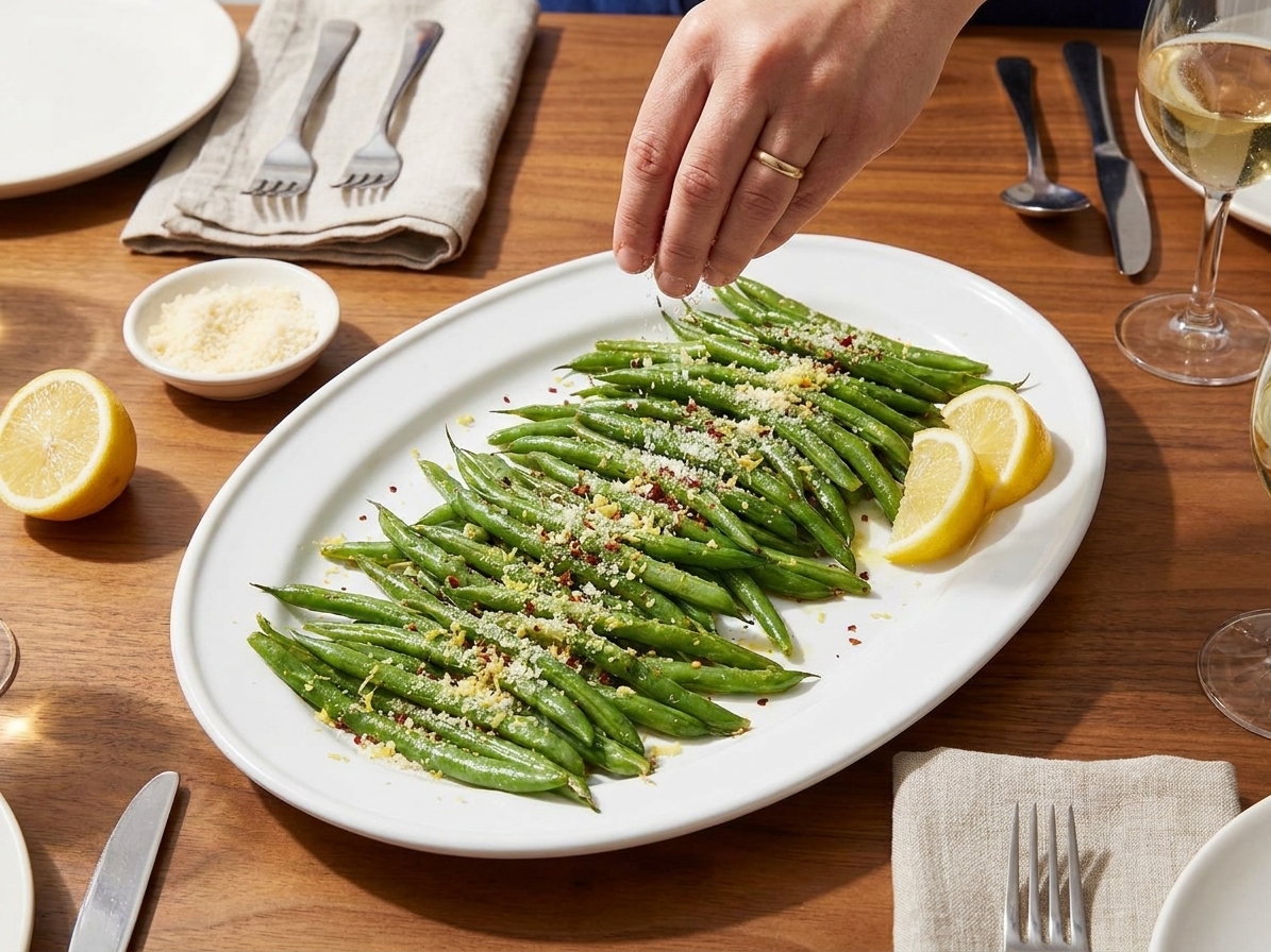 Baked green beans on a serving platter with grated Parmesan and lemon wedges, ready to serve on a dinner table